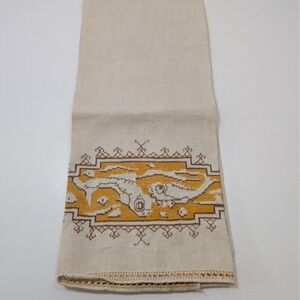 Vtg Linen‎ Hand Towel Cross Stitch Embroidery Yellow Brown Geometric 25x16 MCM